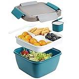 Greentainer 55 oz to Go salladsbehållare lunchbehållare, BPA-fri, 3-fack för salladsdekorationer och mellanmål, salladsskål med sminkbehållare, inbyggd återanvändbar sked, mikrovågsugnssäker (mörkblå)