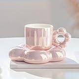 kaffekoppar. Keramiska kaffekoppar med fat 10 oz, Glaserade koppar och fat set, Blomformade tekoppar och fat, Bra for kaffe, te (Color : Pink)