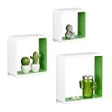 Relaxdays Hängande hylla Cube set om 3, väggbräda svävande, vägghylla trä, kvadratisk, smal, MDF, kub, vit/grön