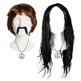 Accessoarset för vuxna Sonny & Cher – kort brun peruk, lång svart peruk, självhäftande mustasch och 2 x hippie halsband – perfekt för par maskeradklänning, 60/70-tals sjungande par musik fin klänning