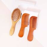 3pcs Hair Brush And Comb Set, Natural Bamboo Hair Comb Paddle Pad Wrinkle Removal Hair Brush, Anti-Static Gift Set, Suitable For Adults And Children's