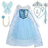 Lito Angels Utklädnad kostym frost prinsessa Elsa klänning barn flicka med cape och tillbehör storlek 5-6 år, lång blå ärm