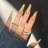 24 st falska naglar med gelé lim – lång kista-ballerina manikyr heltäckande tryck på naglar – coola falska naglar för kvinnor flickor (gul med guldprick)