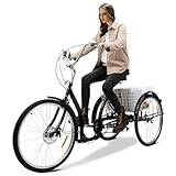 Trehjuling för vuxna, 26 tum 3-hjuls trehjuling med korg 6-växlad cykel, belastning 120 kg, trehjulingscyklar justerbar fordonshöjd 100–110 cm 115 x 70 x 38 cm för vuxna pojkar flickor (svart)