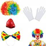 SunAurora Clown kostym-set, 4 stycken clownkostym, tillbehör, clownperuk, clown näsa, clown vita handskar, clown fluga för karneval cosplay, cirkus rekvisita, clown party barn vuxna, flerfärgad, M