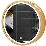 Badrumsspegelskåp Led upplyst, rund väggmonterad träram Förvaringsskåp Spegel Medicinskåp med Smart Touch Switch, helt monterad, brun, 70 cm (gul 50 cm)