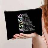 SHEIN 1pc Faith Conquers Fear Christian Print Cosmetic Bag, Portable Cosmetic Bag, Lightweight Square Storage Bag, Simple Letter Print Zipper Pouch, Zipper