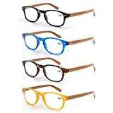 MODFANS 4 par läsglasögon 4.0 mode träutseende tryckt för män kvinnor, rund ram komfort fjädergångjärn, läsare glasögon snygga svart-blå-sköldpaddsskal gul