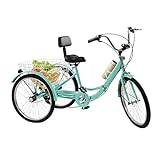 24 tums trehjuling för vuxna, ljusgrön hopfällbar cykel, 3-hjul, cykel, 7-växlad lastcykel med framljus, korg och ryggstöd, tricycle för vuxna män, kvinnor och seniorer.