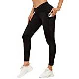 Everbellus Yogabyxor med hög midja för kvinnor med sidofickor träning gymleggings, svart-kors, XL, Svart-Kors, XL