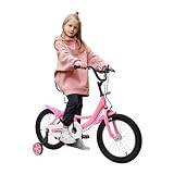 Dekltus barncykel, 16 tums barncykel, justerbar höjd, cykel, barn med stödhjul och dubbelbromssystem, barncyklar lämplig för barn med en längd på 105 cm till 135 cm (5–8 år) (rosa)