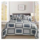 Blue Bohemian Quilt Set Queen Size Ultra-Soft Patchwork Plaid Coverlet Quilted Cotton Bedspread with 2 Pillow shams Compatible with Bedroom,Set med täcke