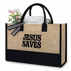 Faith Over Fear Christian Large Capacity Burlap Tote Bag, JESUS SAVES Candy Bag,Christian,Express Your Beliefs ,Letter Print Shoulder Bag, Women's Cas