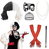 Cruella kostym dam, 6 stycken kort svart och vit peruk med dam spetsmask, perukmössa, handskar, pärlhalsband halsband set, 70-tals tillbehör, för halloween karneval kostym cosplay