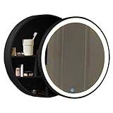 Runt badrumsspegelskåp med LED-lampor, massivt trä anti-dimma badrumsspegel/väggmonterad rund sminkspegel | Skjutbara möbelförvaring upplysta spegelskåp