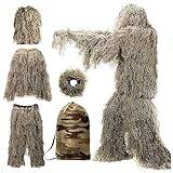 5 i 1 Ghillie Kostym För Män 3D Kamouflagejaktkläder Ghillie Kostymer För Män Jakt Inklusive Jacka,Byxor,Luva,Bärväska Airsoft Ghillie Kostym För Paintball, Halloween Kostym,DryGrass-Adults