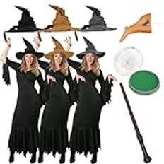Dam klassisk halloween häxa utklädningskläder klädsel. VUXNA häxa KOSTYM: Svart häxa klänning, grå häxa hatt, grenväst, grön ansiktsmask och vårdig häxa näsa. Storlek: XL