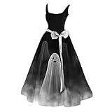 L9WEI Halloweenkostymer dam, halloween kostym dam medeltida kläder spöktryck festlig ärmlös klänning tunika rockabilly klänningar cosplay aftonklänningar med bälte