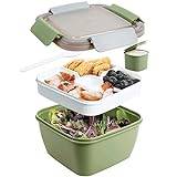 Greentainer 1 56 oz to Go salladsbehållare lunchbehållare, BPA-fri, 3-fack för salladspålägg och mellanmål, salladsskål med sminkbehållare, inbyggd återanvändbar sked, mikrovågssäker (armégrön)