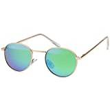 styleBREAKER Panto-formade solglasögon med runda platta linser och metalltempel, unisex 09020077, Guldram/speglat grön-blått glas