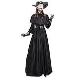 Halloween kostym damer, svart medeltida gotisk punk muslinklänning nunna häxa nunna vitch präst pestdoktor kostymer vuxna kläder 6 delar klänningar kappa mask handske bälte svart M