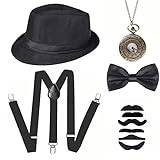 ZJstyle 1920-tals accessoarer set Gatsby Gangster kostym män maskeradkläder tillbehör 20-tal kostym kit med Fedora-hatt, Y-back hängslen, fluga, vintage fickur, falsk mustasch för män