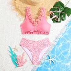 Tween Girl Vacation Zebra Printed Bikini Swimsuit Set With 3D Flower Decor