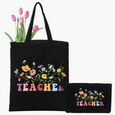 2pcs Back To School Season, Gift For Teacher, Letter Print Tote Bag With Makeup Bag, Set Of Two, Beautiful, Travel Beach Bag, Reusable Grocery Shoppin