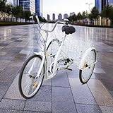 Aohuada Traditionell trehjuling för vuxna 26 tums seniorer cykel 6-växlad växel 3 hjul trehjuling Trike Cruise med cykelshoppingkorg, vit/svart (vit)