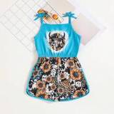 SHEIN Young Girls Stylish Sunflower, Leopard Print, Bull Head Patterned Jumpsuit With Bowknot And Thin Straps, Perfect For Summer Vacation.