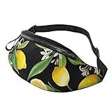 Män damer Bumbag med hörlursuttag justerbart bälte, blomma blad citron rumpa väska för daglig användning, resor, hundpromenader, löpning, Blomma blad citron, 35cm x 14cm