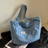 Women's Large Capacity Denim Shoulder Bag, Casual Vintage One Shoulder Bag, Simple Tote Bag For School & Commute