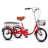 Vuxna trehjulingar Låga genomgående 3-hjuliga cyklar, med korg fram och bak, höjdjusterbar, med känslig broms, för vuxna (Red)