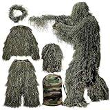 5 i 1 Ghillie Kostym 3D Kamouflagejaktkläder Ghillie Kostymmaterial Inklusive Jacka,Byxor,Luva,Bärväska Ghillie Kostymer För Militär, Sniper Airsoft,ForestGreen-Kids