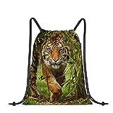 Registreringsskylt vattentät dragskoväska, gymväska säckväska sportryggsäck för män kvinnor flickor, för fest sportresa, Tiger i djungeln, One Size