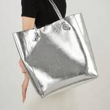 New Fashion Metallic PU Leather Silver Tote Bag, Large Capacity Travel Bag With High-End Look, Lightweight Shoulder Bag For Work, Commute, Leisure, Sh