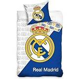 LeaHy Real Madrid lit Blanche et Bleue 100 % bomull, Housse de Couette 140 x 200 cm + Taies 63 x 63 cm (155 × 200 cm)