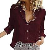 CGGMVCG Linneskjortor för kvinnor upprullningsbara långärmad button-down-skjorta ledig sommar V-hals kragblusar toppar, A01 Vin, 4XL