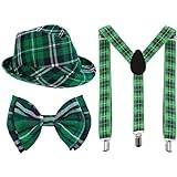 Luxylei Festival kostym hatt rutig grön färgfast cosplay med brätte Saint Patrick Day tillbehör vitklöver rosettknut hängslen