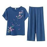 YCBMINGCAN Andningsbara och bekväma kortärmade byxor av bomull och linne för sommaren för kvinnor, två uppsättningar korta byxor för kvinnor, blå, XL