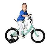 Dekltus barncykel, 16 tums barncykel, justerbar höjd, cykel, barn med stödhjul och dubbelbromssystem, barncyklar lämplig för barn med en längd på 105 cm till 135 cm (5–8 år) (grön)