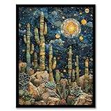 Artery8 Desert Cactus Plants Moon Stars Planets Zodiac For Living Room Artwork Framed Wall Art Print A4