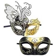 JewelryWe Venetiansk maskerad mask par: 2 stycken guldfjärilvingar strass sexig metallmask kvinnor män ögonmask ansiktsmask för maskbal karneval halloween cosplay party kostym