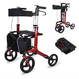 rollator Fällbara rullatorer i aluminiumlegering 4 hjul och säte Standard gångramar Rollator Walker Lättviktshjälp rullstol för vuxna, seniorer, äldre och handikapp rörlighet (färg: röd)
