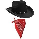 I LOVE FANCY DRESS COWBOY HAT & COWBOY HALSDUK TILLBEHÖR. SVART STAR-STUDD COWBOY HAT & VIT BANDANA. Vild väst väst Sheriff. Förpackning med 1 | BANDANA färg: PAISLEY RÖD