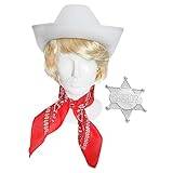 Set med chokladcowboytillbehör för vuxna – vit cowboyhatt, blond peruk, röd paisley bandana, sheriff emblem – vuxna svensexa maskeraddräkt tillbehör set