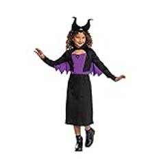 Disney Officiell klassisk Maleficent kostym barn med maleficent horn, älvakostym barn flickor älva demonhorn halloween karnevalkostym karneval födelsedag kostym storlek S