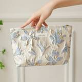 New Portable Blue Golden Embossed Flower Large Capacity Cosmetic Bag, Travel Storage Bag With Zipper