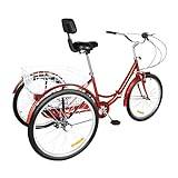 Trehjuling, 26 tum 7 hastigheter trehjuling för vuxna 3-hjuls trehjuling cargokorg med korg lämplig för vuxna, seniorer och nybörjare (röd)
