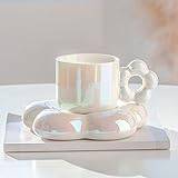 kaffekoppar. Keramiska kaffekoppar med fat 10 oz, Glaserade koppar och fat set, Blomformade tekoppar och fat, Bra for kaffe, te (Color : White)